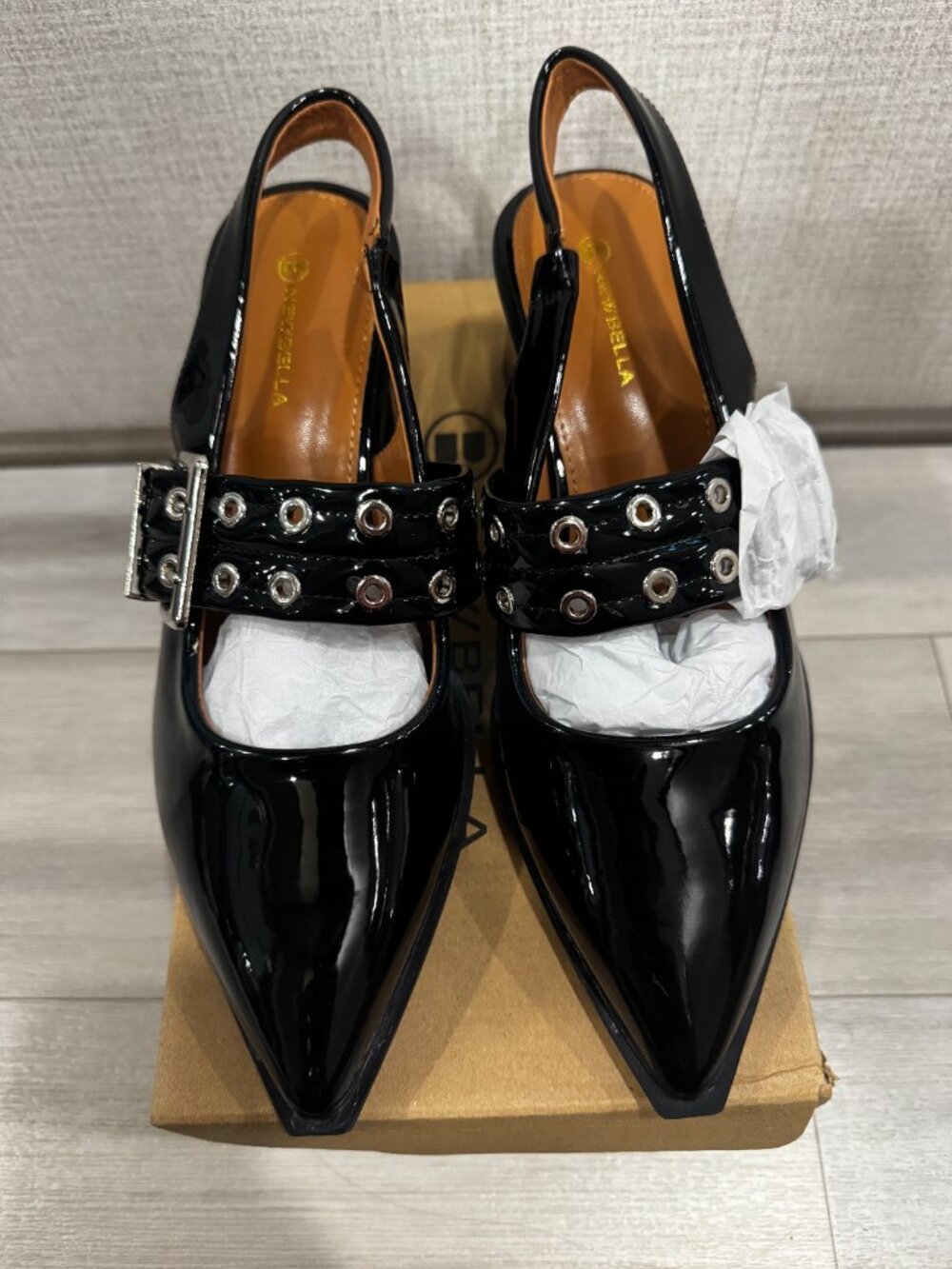 NEWBELLA Black Patent Mary Jane Slingback | Grommet Buckle | Block Heel 8.5 NIB - Picture 9 of 15